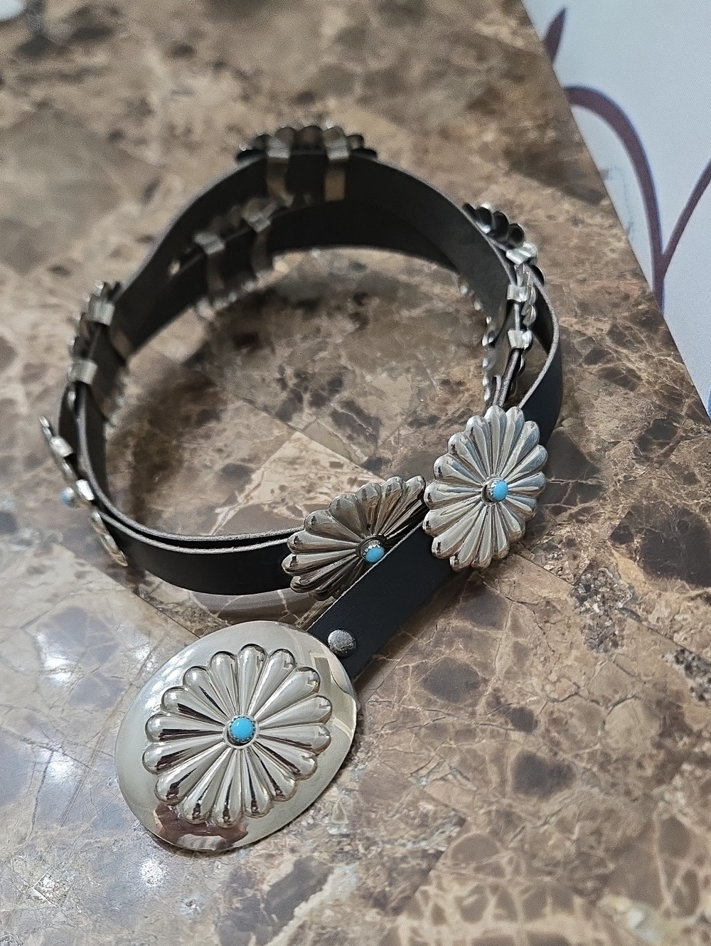 Silver Concho Turquoise Accent Black Leather Belt